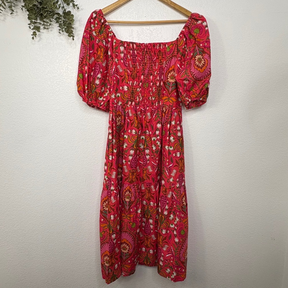 Vince Camuto Pink Floral Paisley Puff Sleeve Midi Dress Cotton Sz8 Side Pockets - Picture 11 of 11